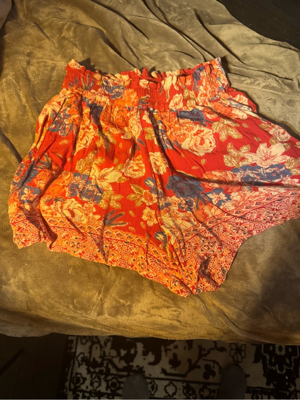Angie Red Floral Smocked Waist Shorts with Blue Accents